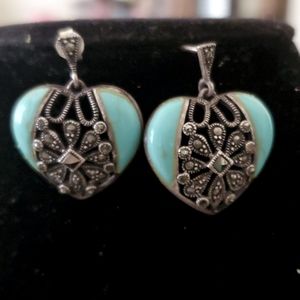 VINTAGE STERLING SILVER MARCASITE TURQUOISE HEART SHAPED LARGE EARRINGS